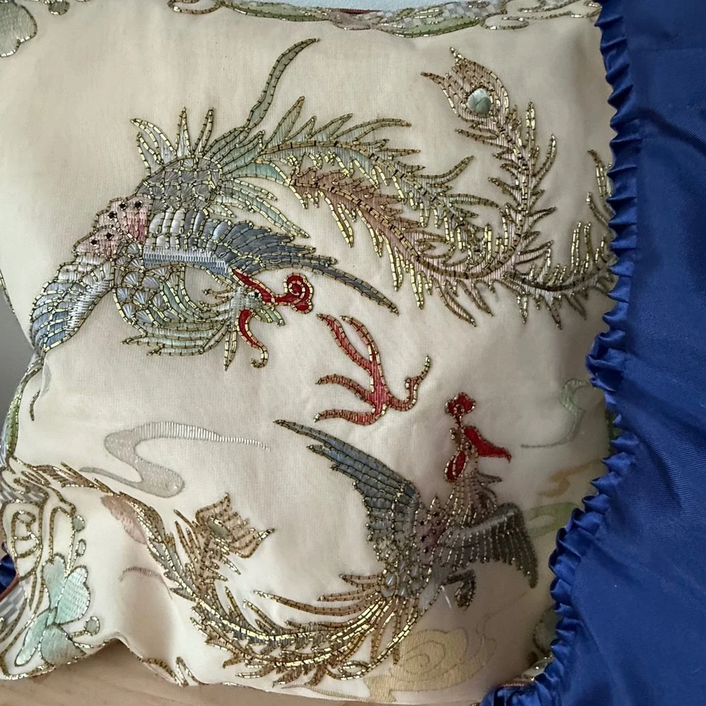Vtg Golden Cloud Hand-Embroidered Bird Decorative Pillows Silk Blend Blue Trim